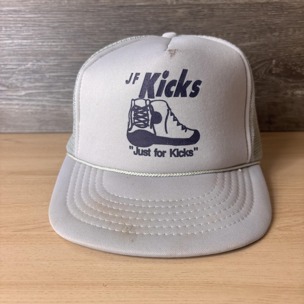 Vintage JF Kicks Hat Cap Snap Back Gray White Trucker Mesh Foam Front Mens